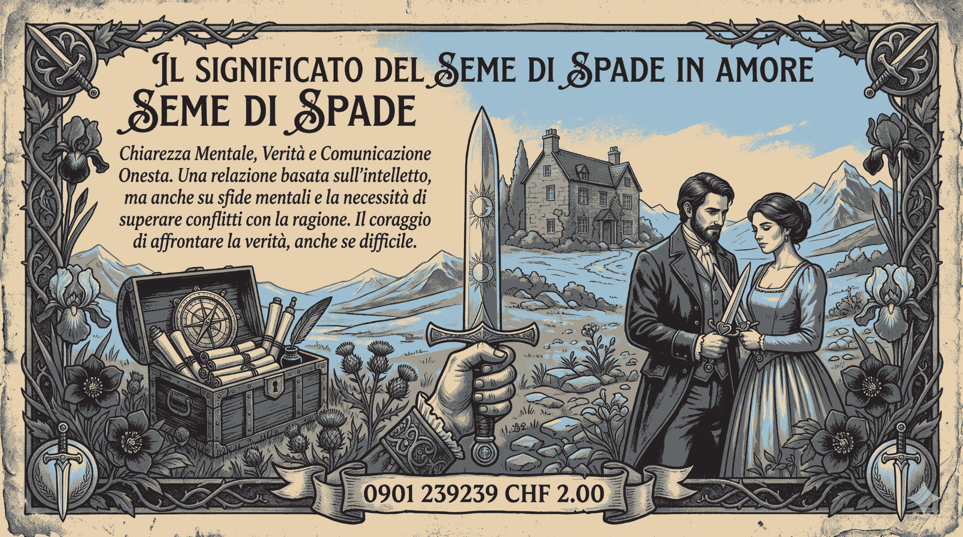 Consulto di cartomanzia sull'amore: lettura della carta del Tre di Spade. Numero svizzero 0901 239239 a CHF 2.00.