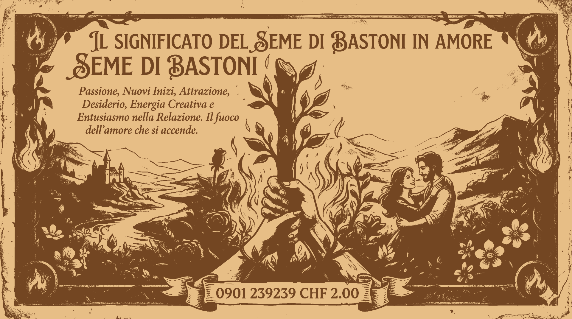 Consulto di cartomanzia sull'amore: significato del Seme di Bastoni nei tarocchi. Grafica con coppia, simboli esoterici e numero 0901 239239 CHF 2.00.
