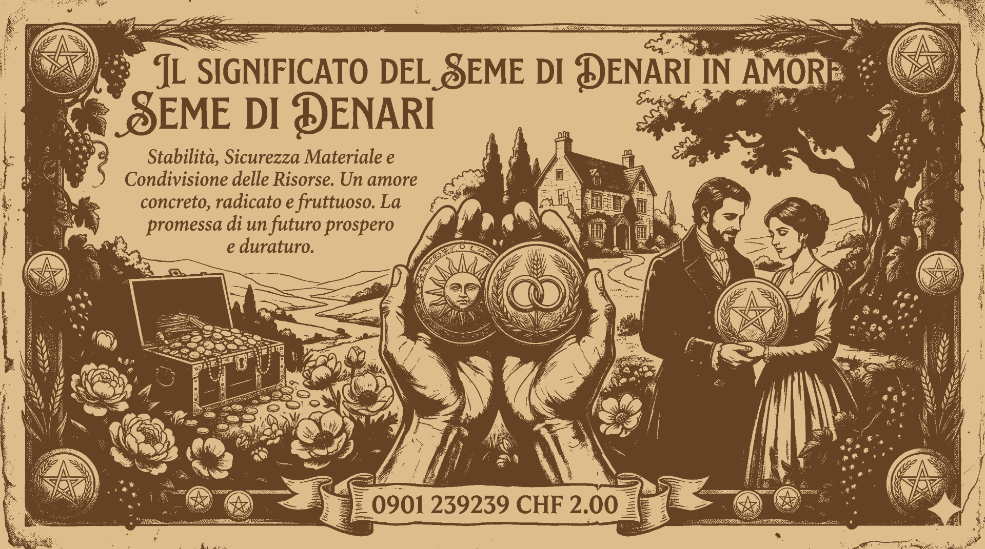 Tarocchi e amore: significato del Seme di Denari per stabilità e coppia. Grafica esoterica con monete d'oro e numero 0901 239239 CHF 2.00.