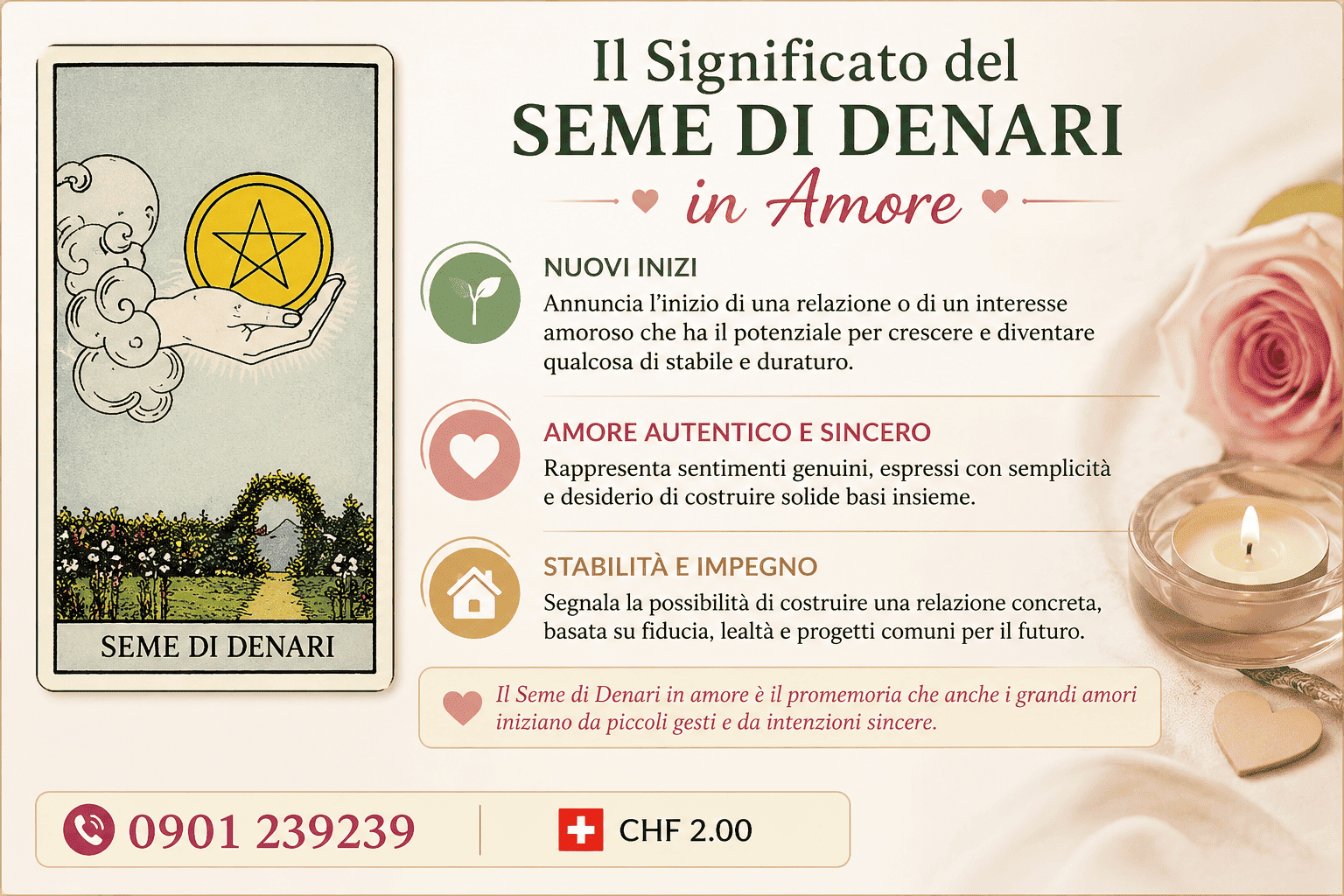 Tarocchi e amore: significato del Seme di Denari per stabilità e coppia. Grafica esoterica con monete d'oro e numero 0901 239239 CHF 2.00.