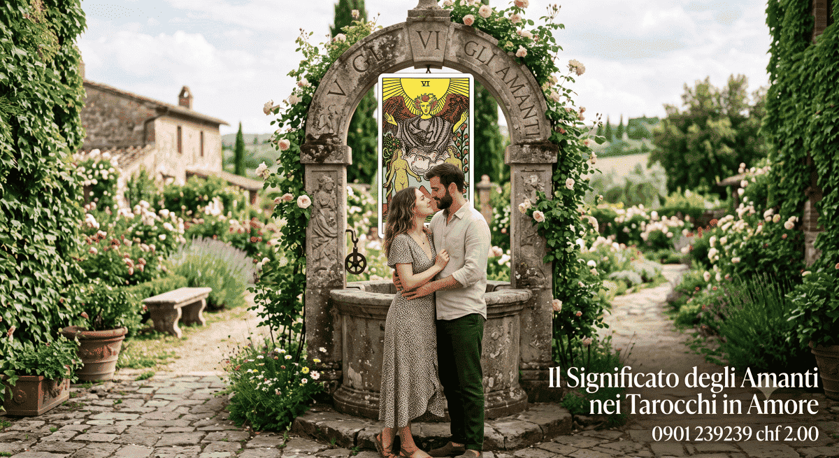 Il Significato degli Amanti nei Tarocchi in Amore - Carta dei Tarocchi Gli Amanti con coppia in un giardino e recapito 0901 239239 CHF 2.00