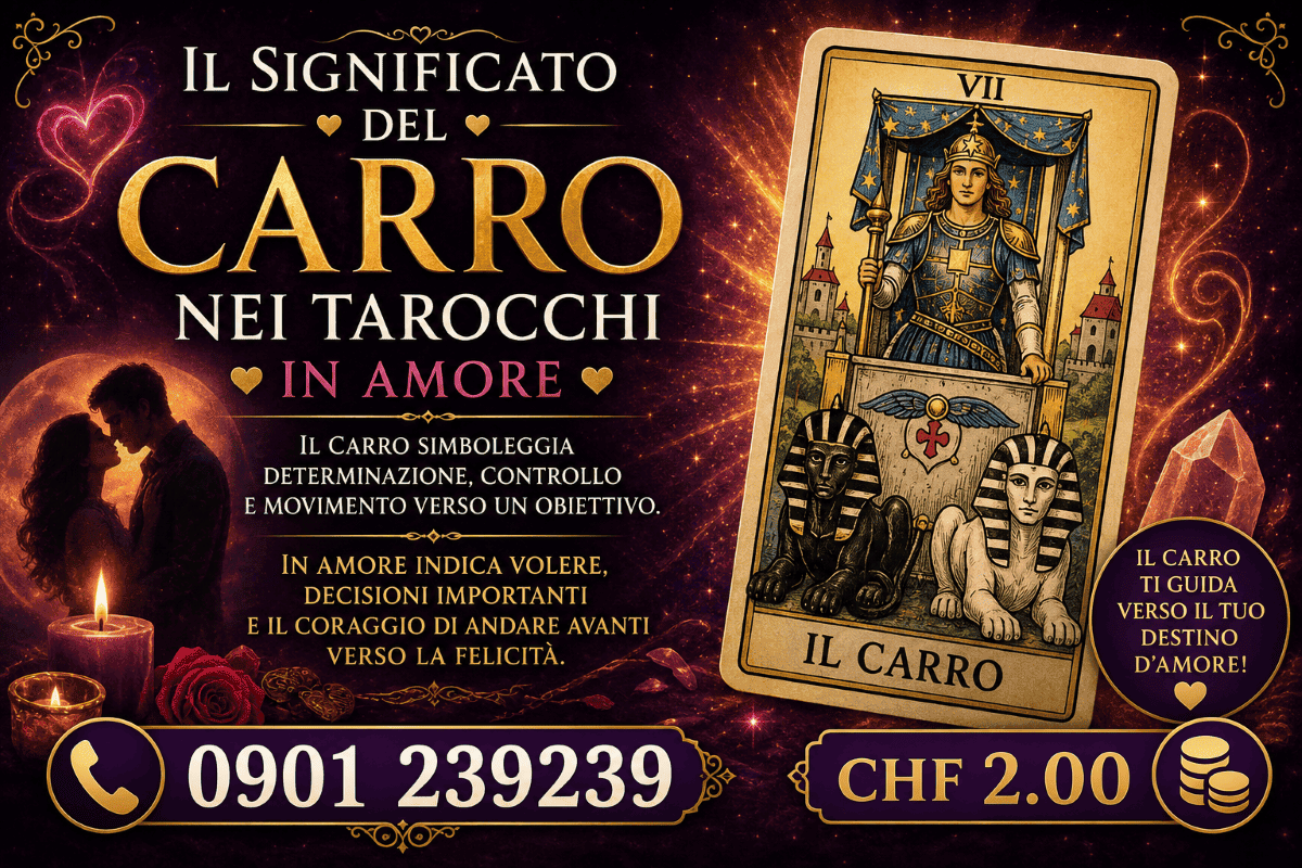 Cartomante Sibilla Aurora interpreta la carta del Carro nei Tarocchi d'Amore in Ticino. Consulti telefonici al numero 0901 239 239 a CHF 2,00/min.